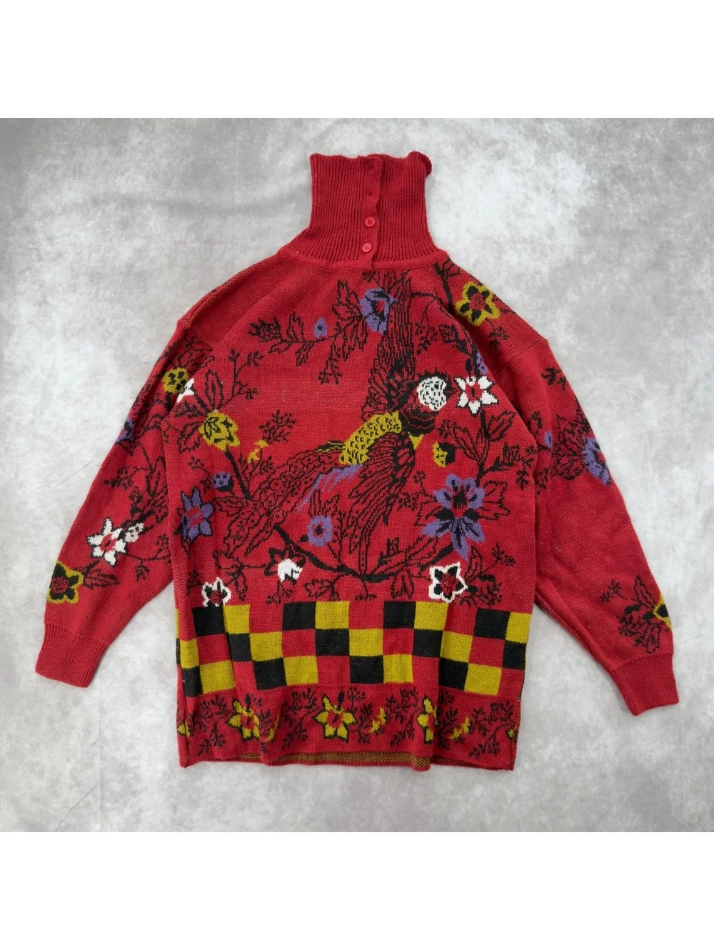Vintage 80s Cariza Red Turtleneck Sweater Parrot Floral Knit Pullover Novelty M